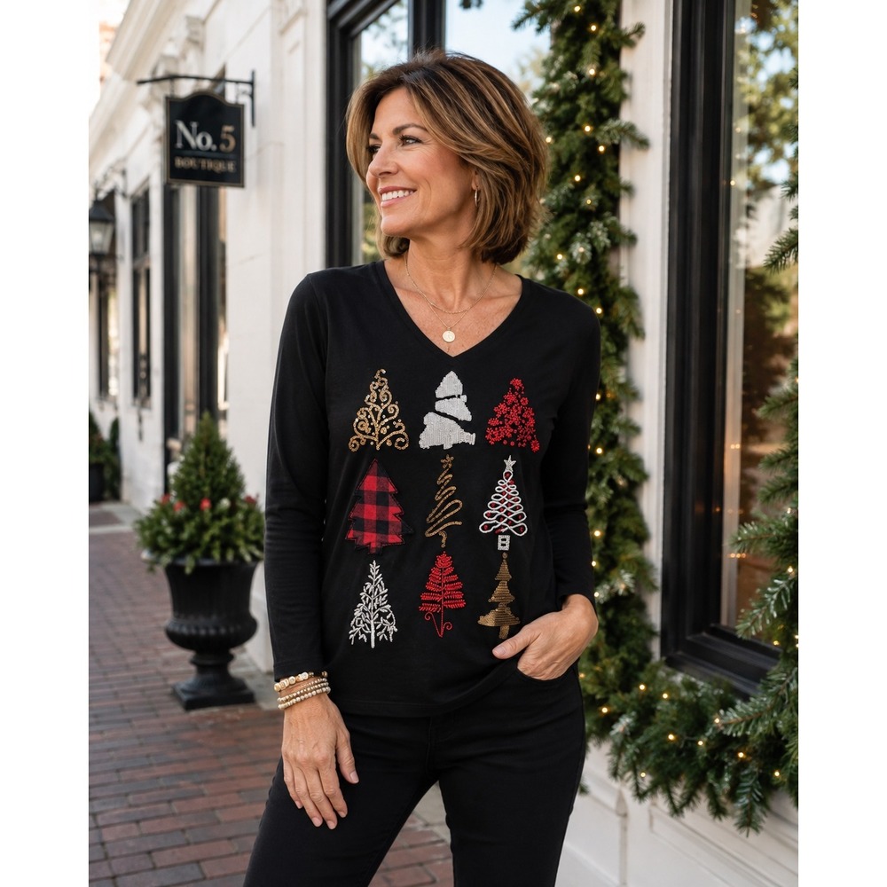 Chico's Top Women Small (0) Black Sequin Embroidered Christmas Tree Holiday